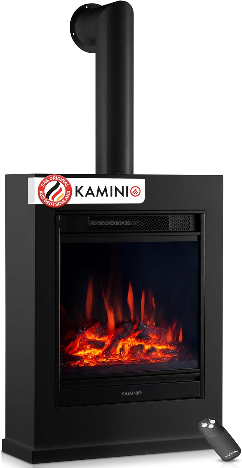 KAMINIO Elektrokamin, Schwarz, Kalle mit Ofenrohr - Elektrischer Standkamin mit Heizung, 3D-Flammeneffekt, Fernbedienung