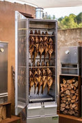 SMOKI Räuchertechnik Outdoor-Grill, 120x39x33 cm, Silber, Doppelwandig Isolierter Räucherofen Cr-Edelstahl, Premium Räucherschrank für Fisch & Fleisch