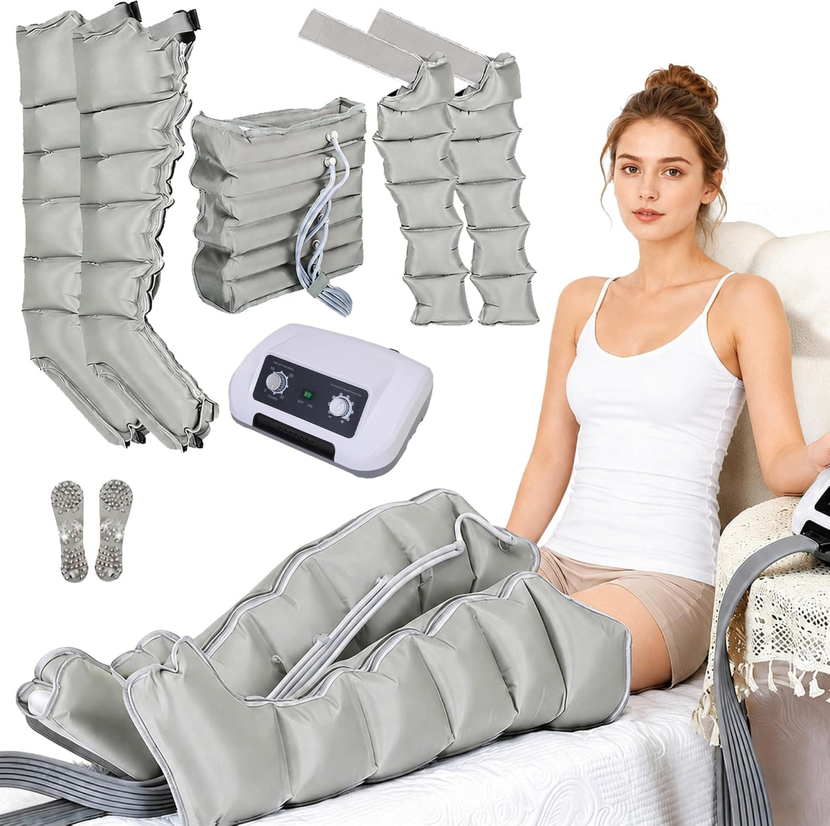 FahQuintuple Fußmassagegeräte, Grau, Lymphdrainage Gerät Beinmassagegerät 6 Kammern, Kompressions, Professionelle Pressotherapie Gerät für Zuhause