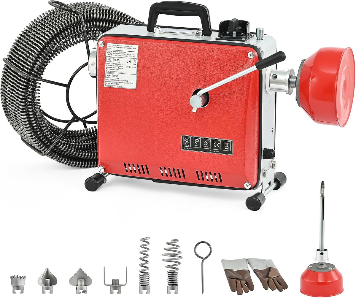 ZELCAN Rohrreinigungswellen, 16 mm, 10 mm, 400 W, 20M, Schwarz, Elektrische Rohrreinigungsmaschine mit + Ø 5M Spiralen