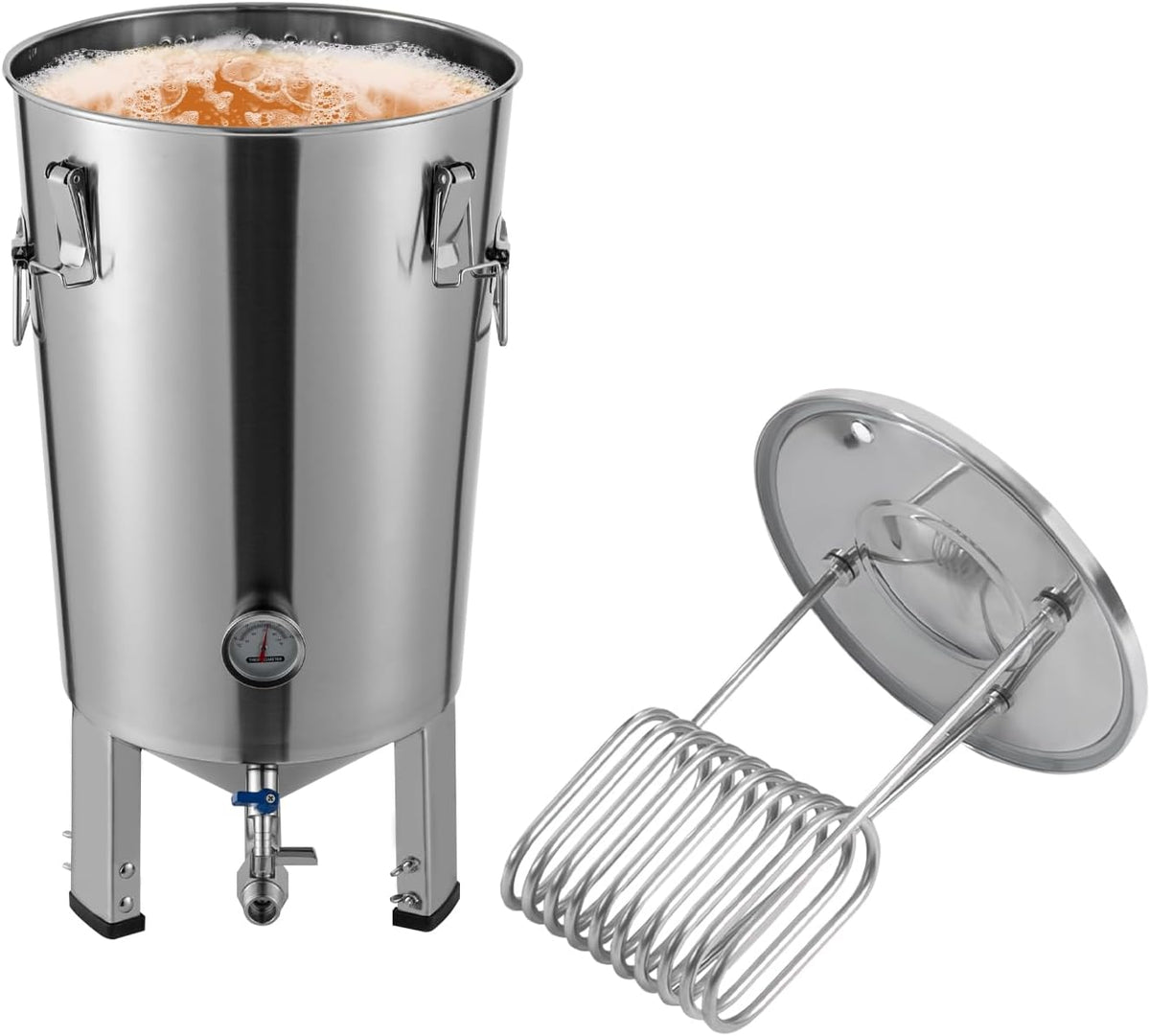 HOMEONENIC Gärbehälter, 32 L/ 7.04 Gal, 59.7x33.3 cm, 304 Edelstahl, Silber, Edelstahl- 32 L Konischer Gärtank mit Kühler für das