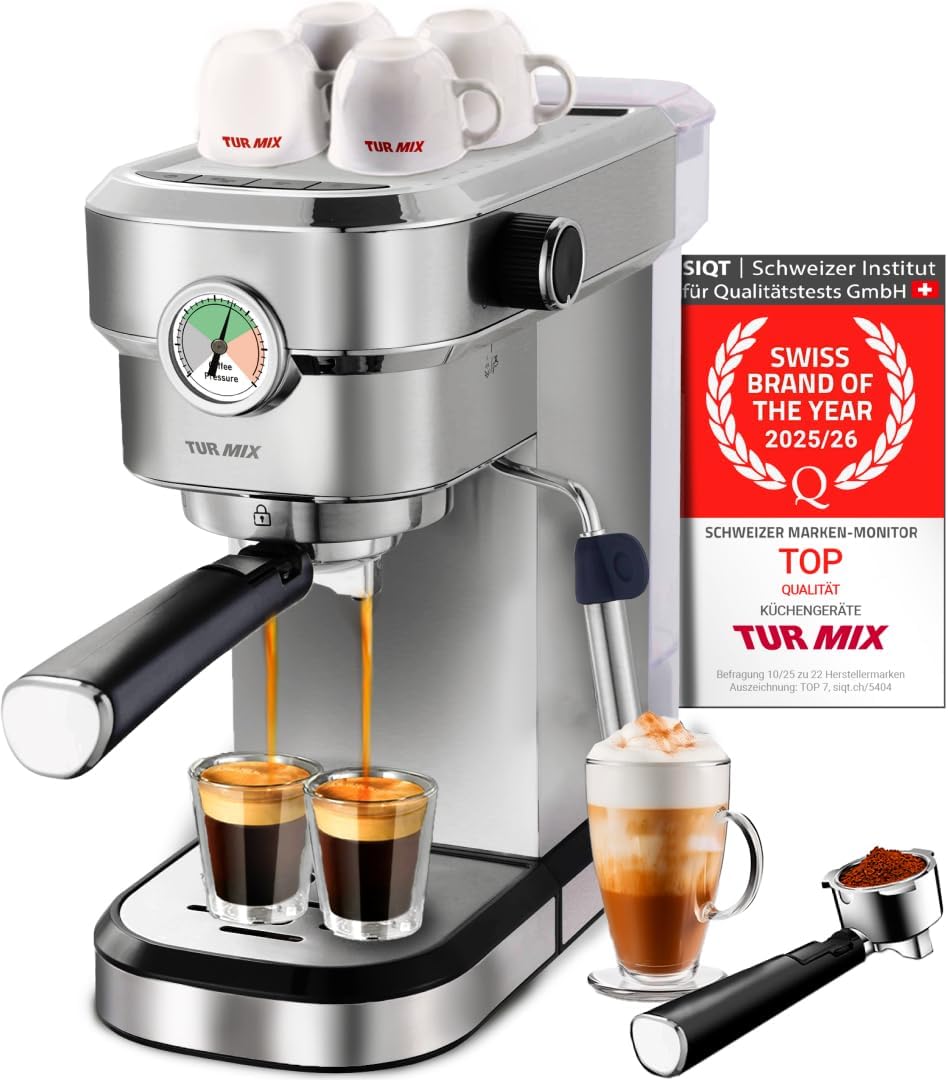 Turmix Kaffeemaschine, 20 Bar, 17 cm, 1350 W, 1,1 L, Schwarz/Silber, Espressomaschine TX 590 - Siebträgermaschine Edelsthal