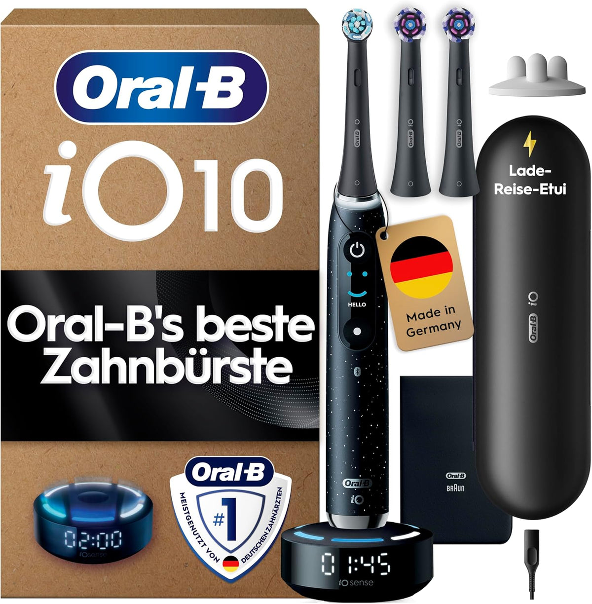 Oral-B Rotierend, Schwarz, iO Series 10 Elektrische Zahnbürste, Inkl. 3 Aufsteckbürsten, Lade-Reise-Etui, iOSense