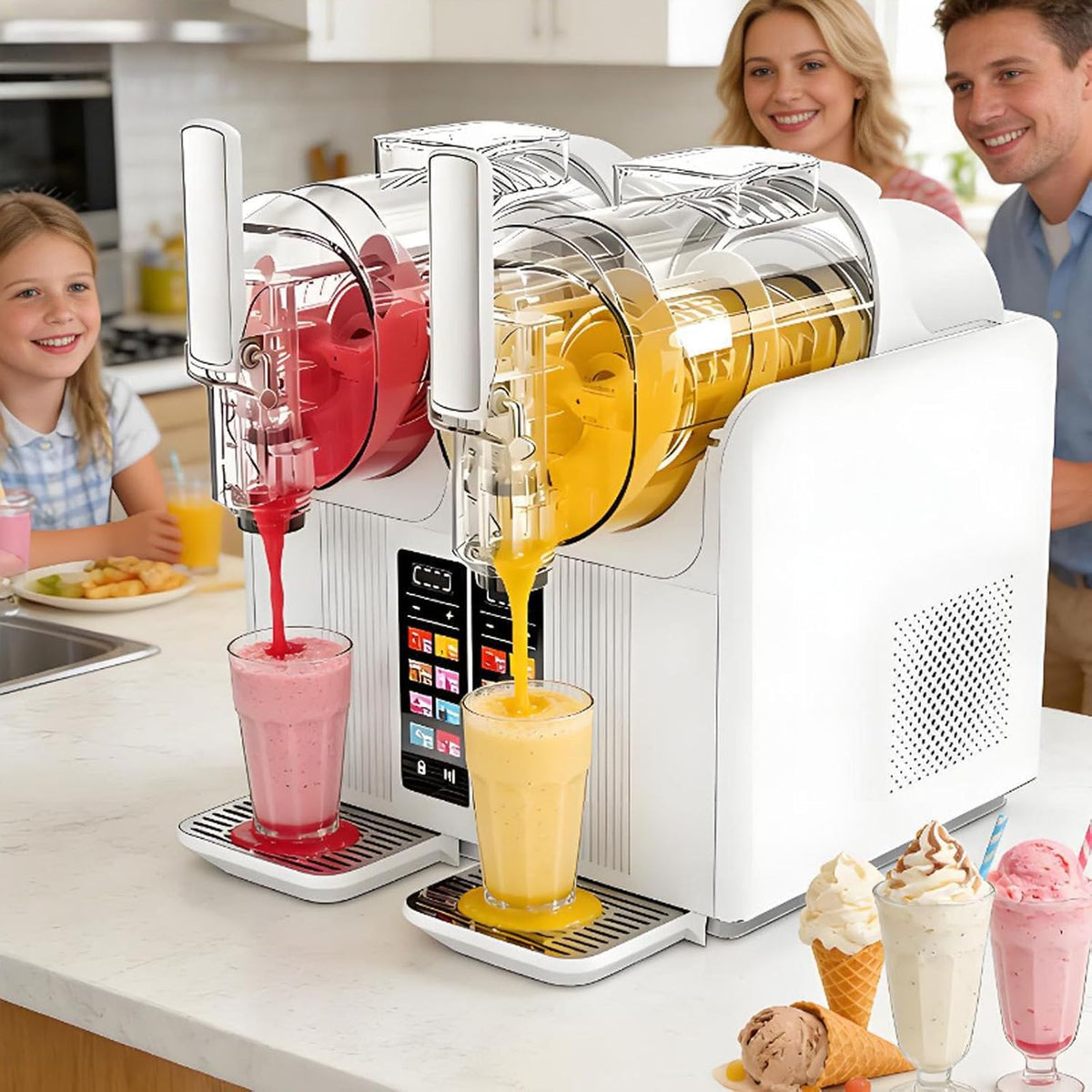 smafoseedding Eismaschine, 2 x 2 l (4000 ml), 430 W, Weiß, Gewerbliche Slush-Maschine, Doppel-Slush-Maschine, 430-W-Soft