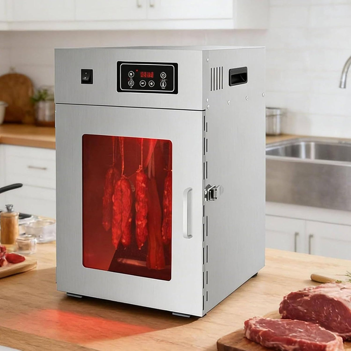 ZenSeFarin Reifeschrank, 800 W, 7,5Kg, 15Kg, Edelstahl, Silber, Dörrgerät aus Edelstahl, Für Fleisch mit 14 Haken