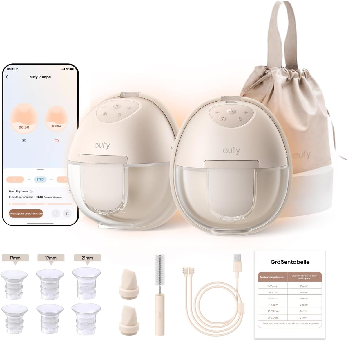 eufy Security Brustpumpen, Schwarz, Tragbare elektrische Milchpumpe S1, App-Gesteuerter Smart-Rhythmus, Mobile Ladetasche