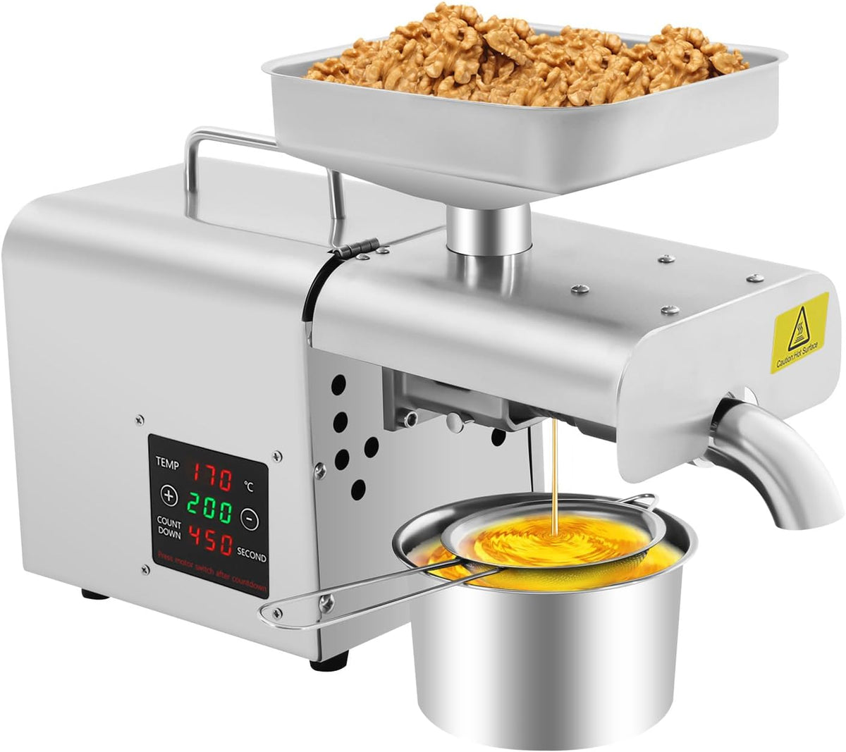 HHEMSTD Zitruspressen, 610 W, 6 kg, 304 Edelstahl, Silber, Ölpresse Edelstahl Elektrische Ölmühle Ölpresser, Heiß- und Kaltpressung