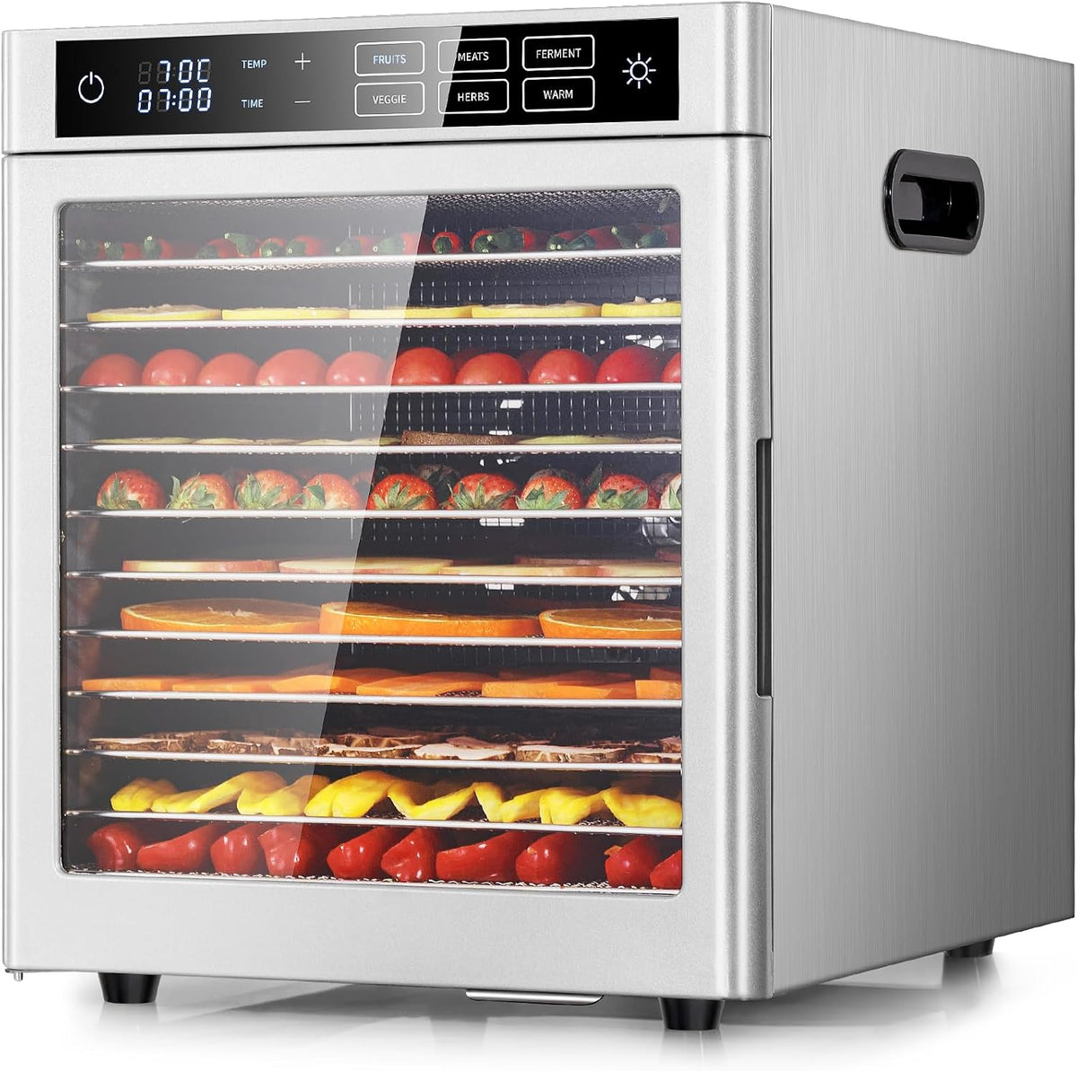 Kwasyo Dörrautomaten, 800 W, Silber, Dörrautomat 12 Etagen Edelstahl, 6 Voreinstellungen für Früchte, Gemüse, Fleisch