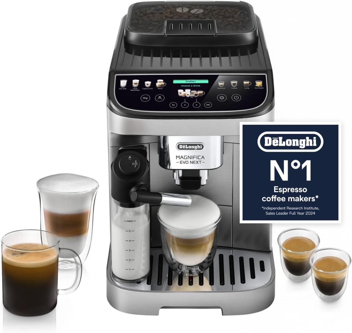 De'Longhi Kaffeevollautomat, Schwarz/Silber, Magnifica Evo Next - Perfetto Automatischer mit LatteCrema, 13 Ein-Klick-Getränke