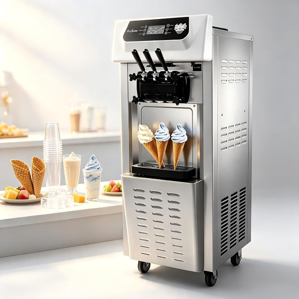 Furvveerr Eismaschine, 2200 W, 5,5 L, 28 L, Grau, Professionelle Soft Gewerblich, 20- /h Eisproduktion, Soft Serve mit 2× Behälter