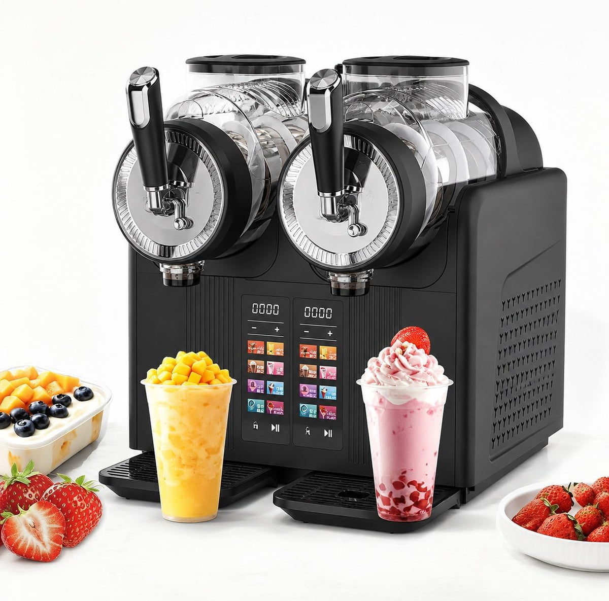 RoyceBee Eismaschine, 2,0 l × 2 Behälter, 380 W, 380 W, 12 L, Schwarz, Gewerbliche Slush-EIS Maschine 2X Doppelbehälter