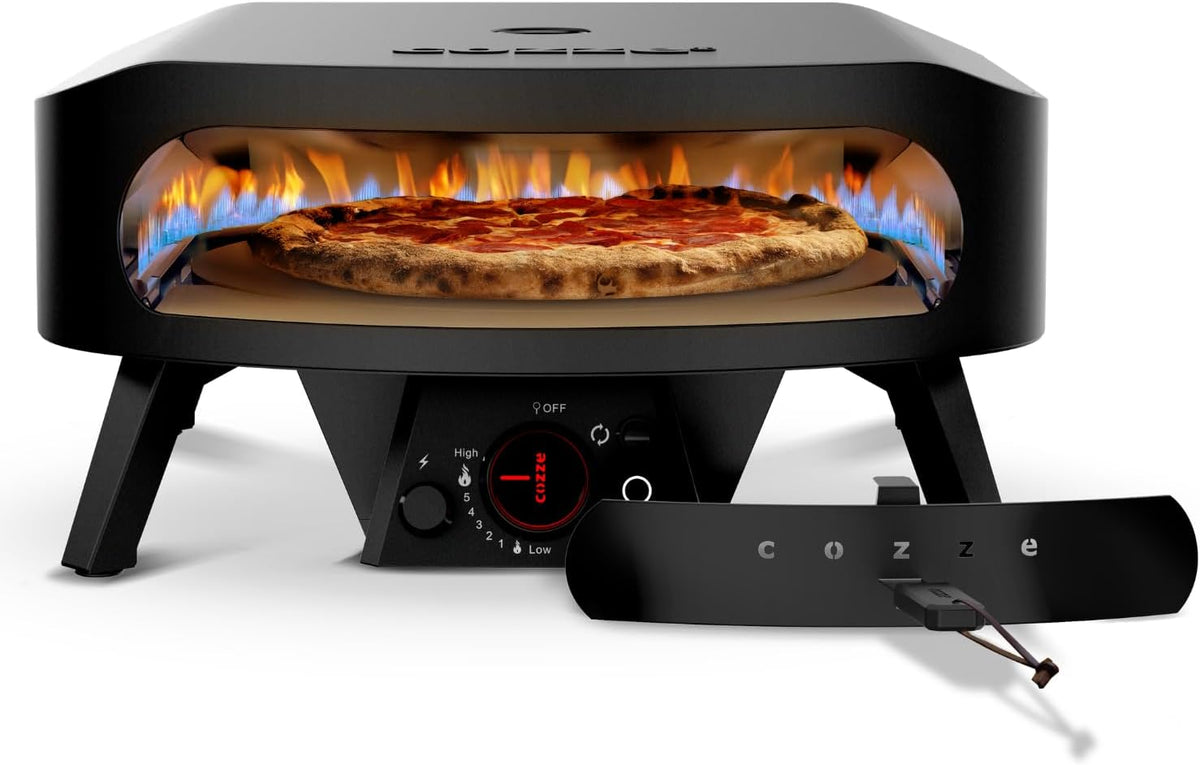 cozze Pizzaofen, 43 cm, Schwarz, Rotationsstein, für den Außenbereich, 600 °C, Kochen in 2 Minuten