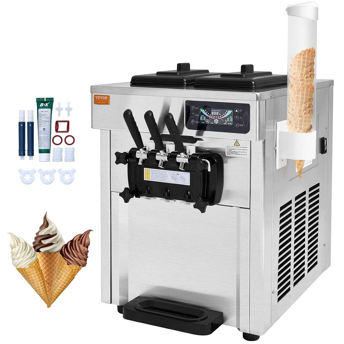 VEVOR Eismaschine, 5,5 L, 28 L, Grau, Kommerzielle 18, 3 Geschmacksrichtungen, Italienische, 2 x Trichter, LCD-Panel