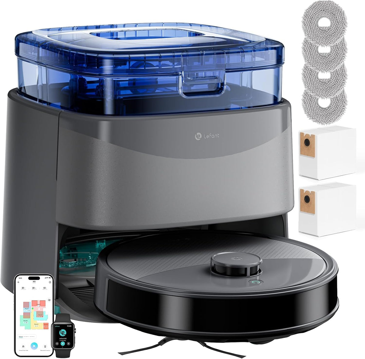 Lefant Saugroboter, 3,2 l, Schwarz, M3 und Bodenwischer mit Kartierung, Laser dToF 360°, 12000Pa, All-in-One-Station