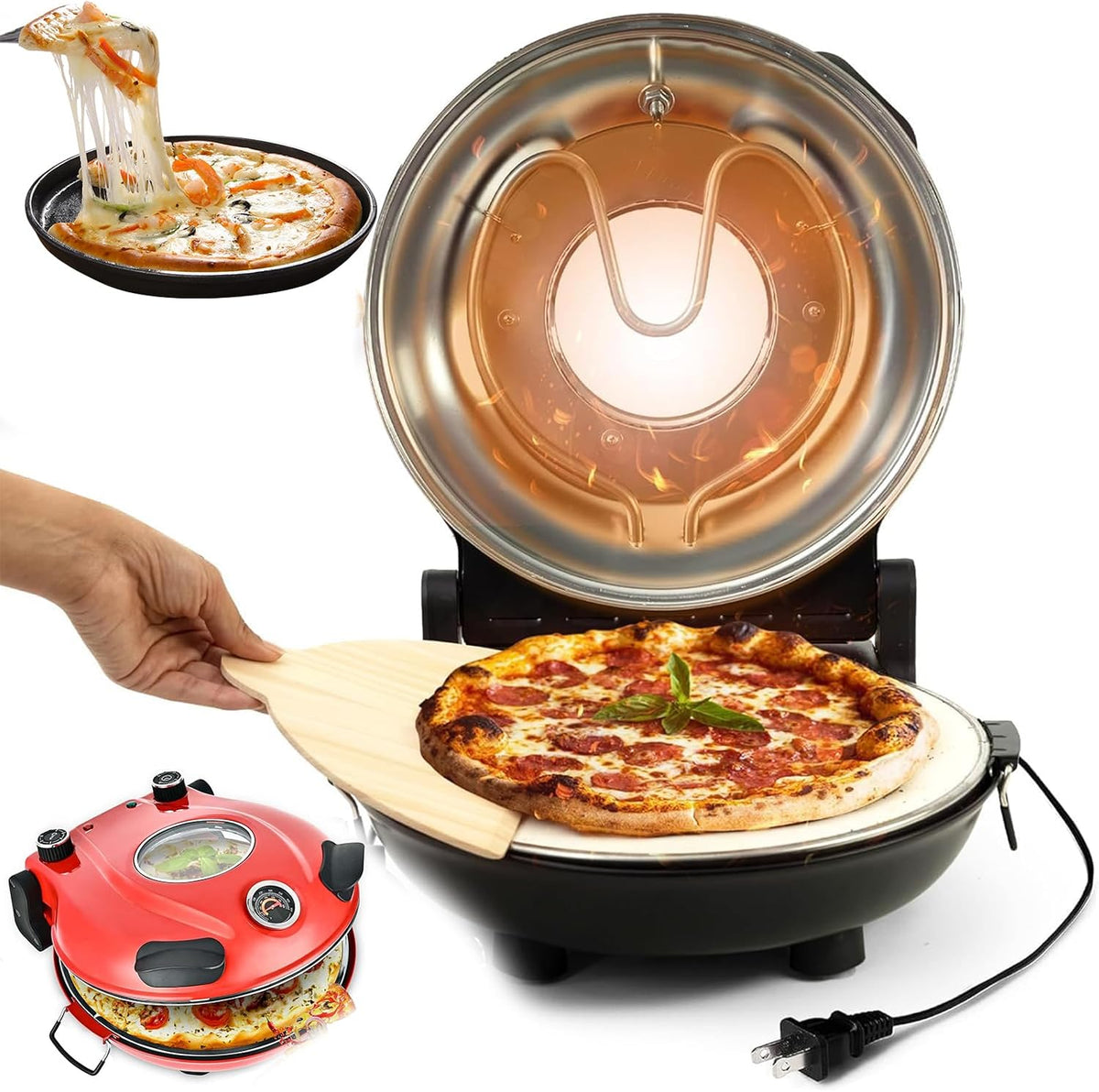 QUTBAG Pizzaofen, Rot, 31-cm-Pizza-Maker, 1200-W-Elektro- mit 50, 420 ℃ Temperaturregelung, Antihaft-Pfannkuchen-Maker
