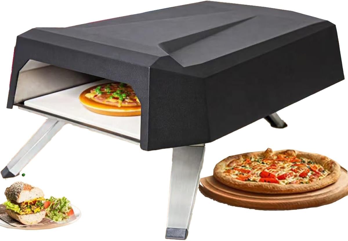 Propangas Pizzaofen, 680 x 475 x 295 mm., Schwarz, mit Abdeckung und Ständer für den Innen- und Außenbereich, Restaurant