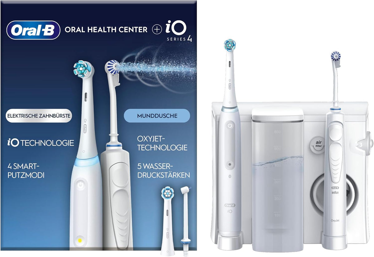 Oral-B Mundduschen, Weiß, Health Center Munddusche mit Oxyjet-Technologie für, 2 Ersatzdüsen & iO Series 4 Elektrische Zahnbürste
