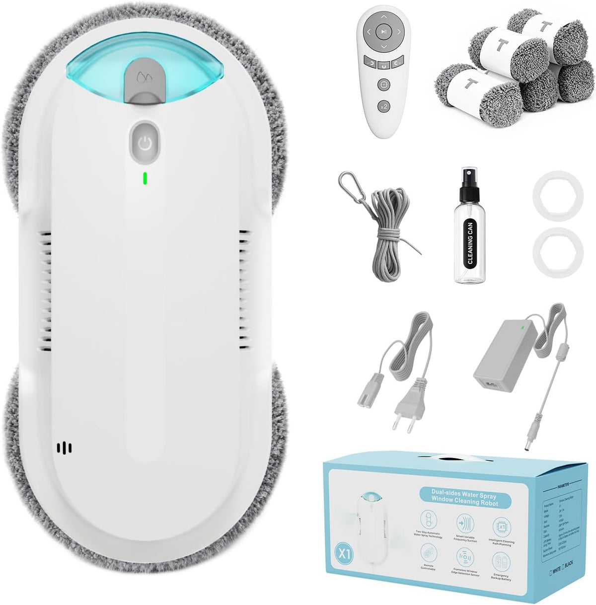HIXZAP Saugroboter, Weiß, Fensterputzroboter mit Bidirektionaler, Doppelhelix4800-6400Pa, Extern und Intern 85 ml Tank