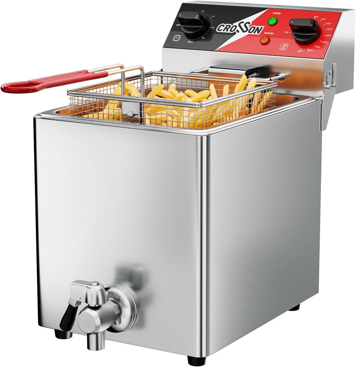 crosson Heißluftfritteuse, 3250 W, 8 L, Silber, Professionelle Elektrische Fritteuse mit ablaufhahn, Temperaturkontrolle 80-200°C Schnelles Erhitzen