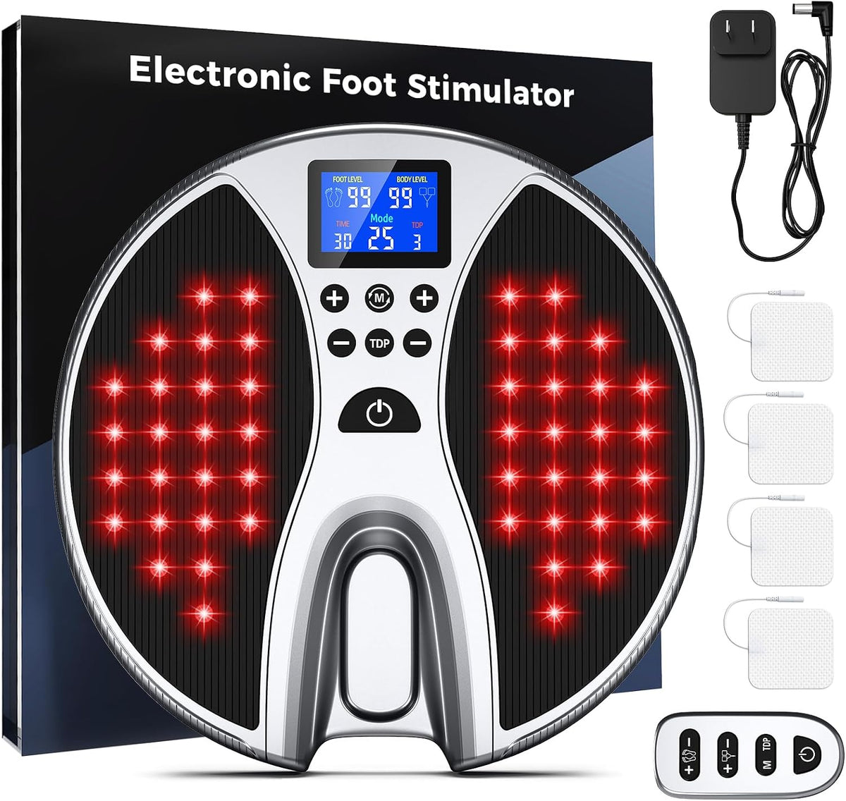 Gleamo Fußmassagegeräte, Schwarz, EMS Fußmassagegerät mit Rotlicht 25 Modi 99 Intensitäten, Medic Durchblutungs-Stimulator Füße Beine