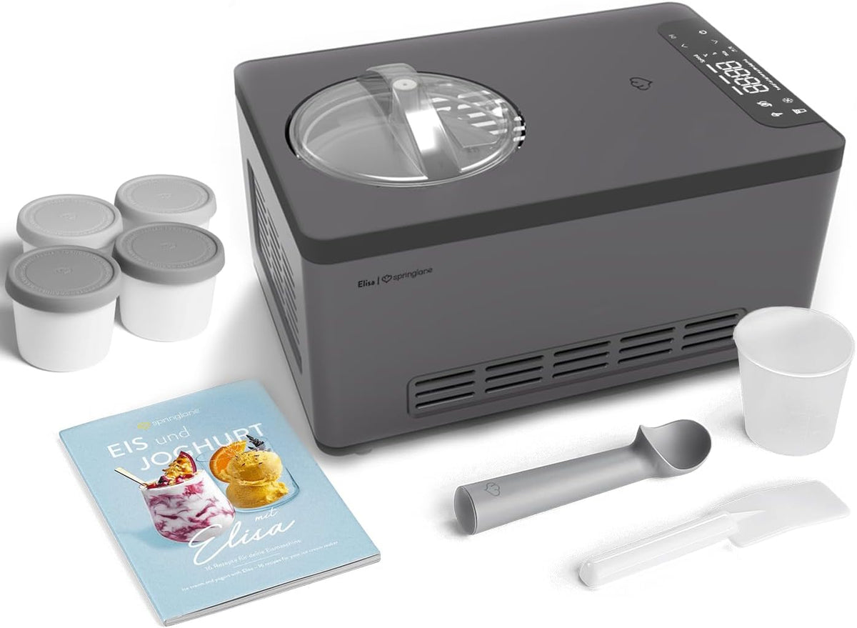 Springlane Kitchen Eismaschine, 2,0 L, 220 W, Silber/Anthrazit/Grau, & Joghurtbereiter Elisa mit selbstkühlendem Kompressor