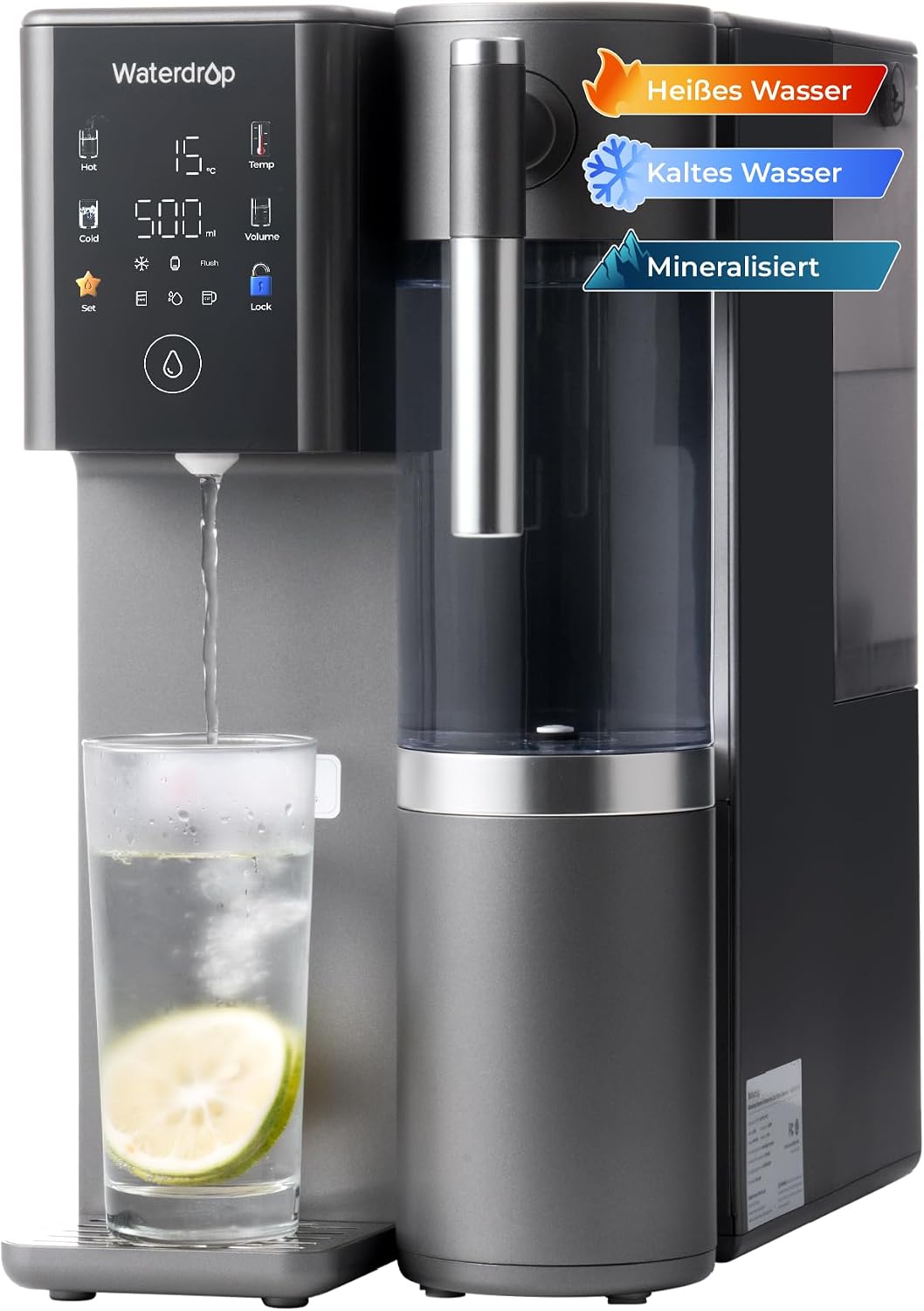 Waterdrop Heißwasserspender, Schwarz, A2G Mineral, Heiß & Kalt Umkehrosmoseanlage, Keine Installation, 6-Stufen-Filtration Osmoseanlage