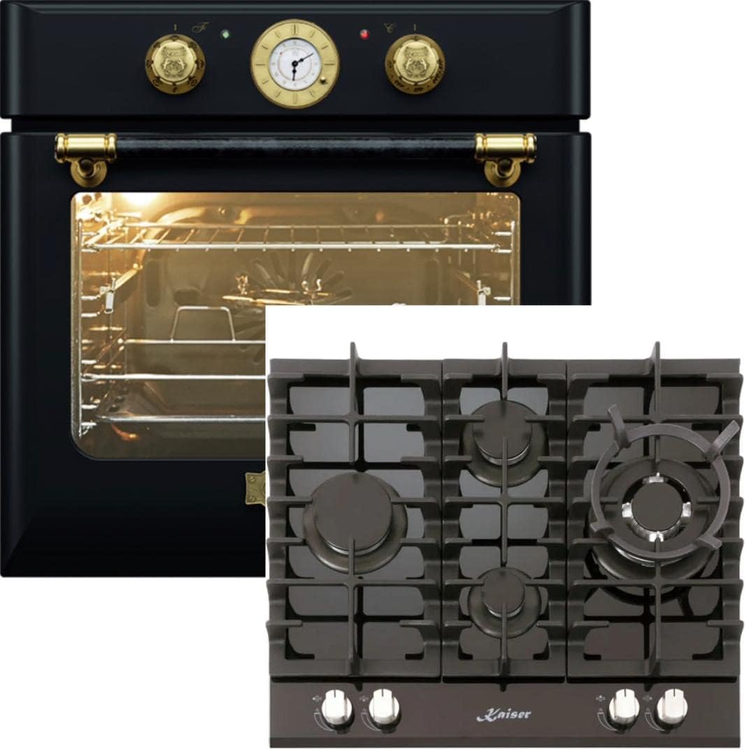 Kaiser Backofen, 3,8 kW, 68 L, 60 cm, Schwarz, Herdset Einbau EH 6432 BE + KCG 6394 Turbo, Retro Einbau Elektro, Autark