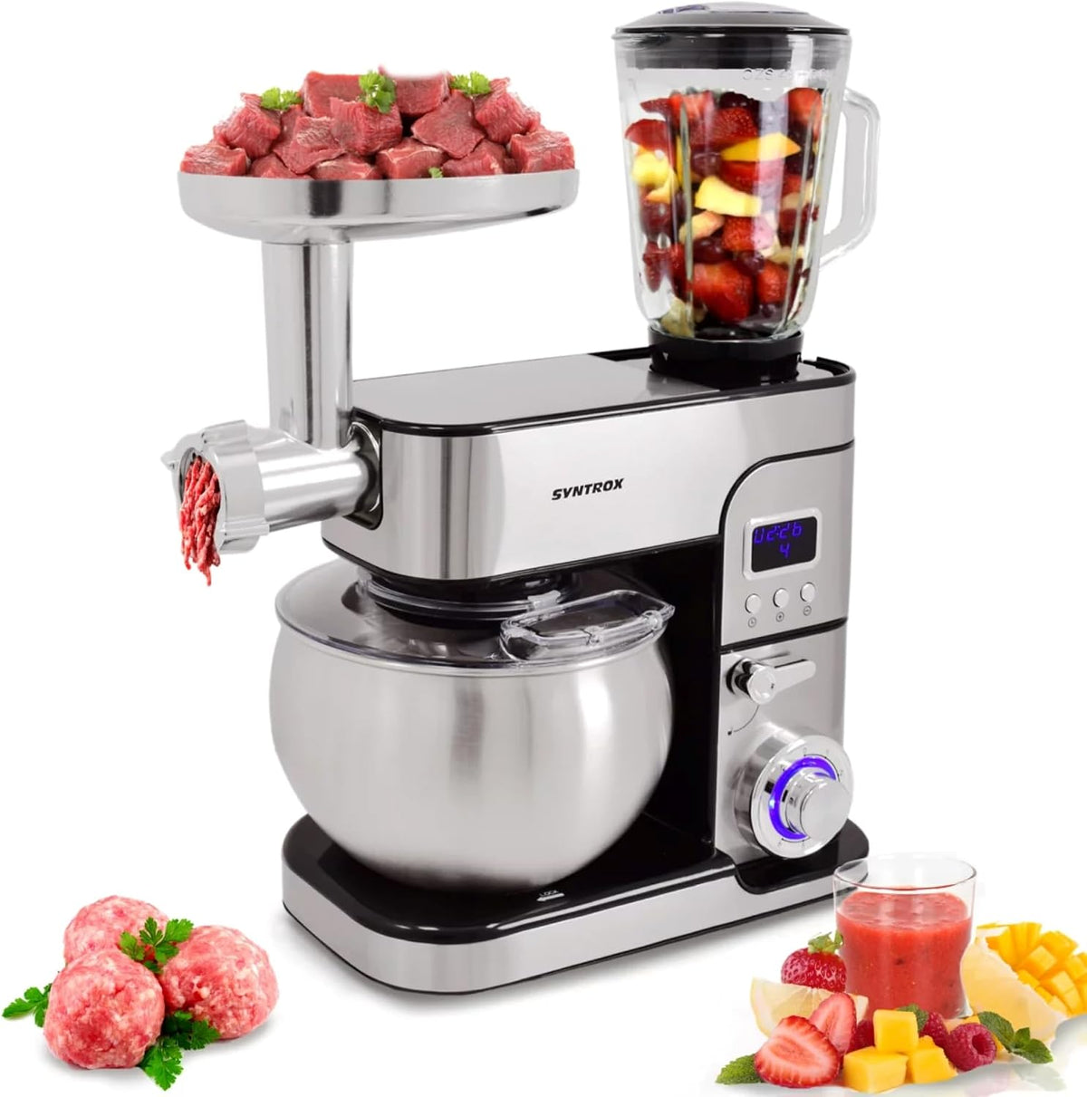 Syntrox Germany Universalküchenmaschinen, 6 Liter, Silber/Schwarz, Küchengerät Kagus Edelstahl Küchenmaschine & Fleischwolf