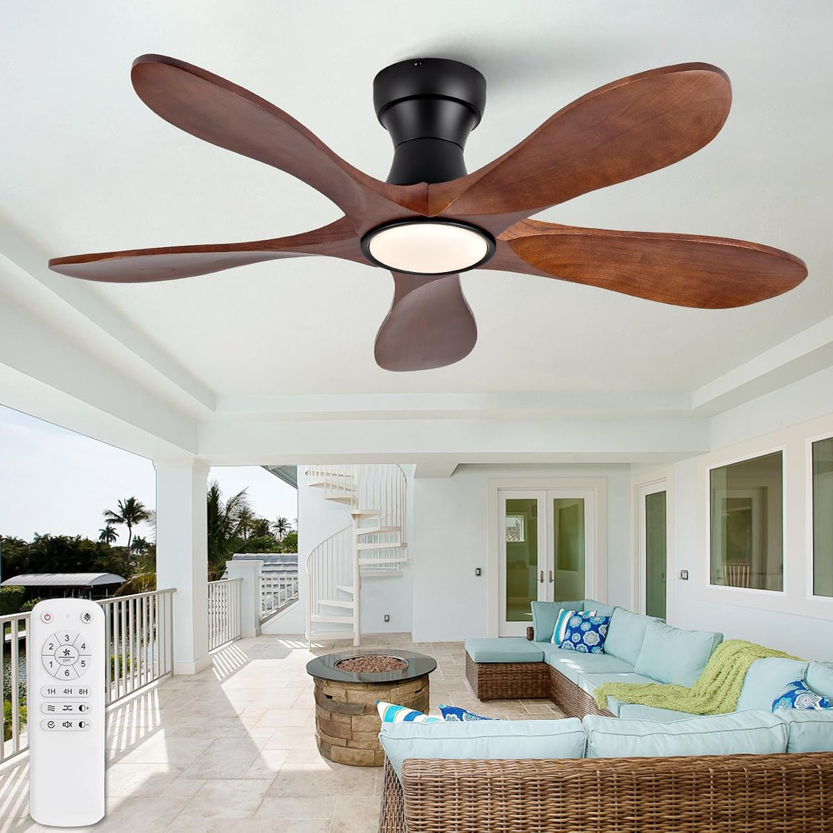 XINGSIYUELYX Deckenventilator, 106,7 cm, Weiß, mit Beleuchtung und Fernbedienung, dimmbar, 5 Flügel, Holz, Outdoor